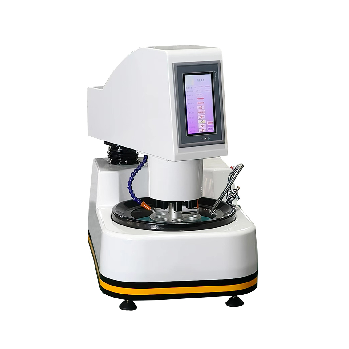 ZMP-1000Z智能自动金相磨抛机为气动磨抛机，采用8寸彩色触摸屏PLC控制；具备双通道自动磨料添加系统，PLC控制磨料的智能化喷洒添加；自动调节研磨压力以及研磨时间；自动存储当前磨抛方案